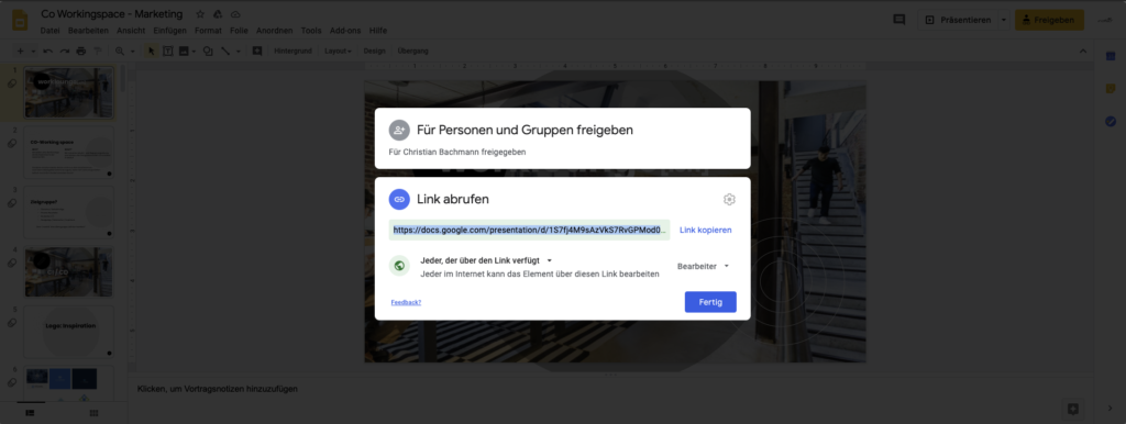 Google Slides Modul Freigabe Link kopieren